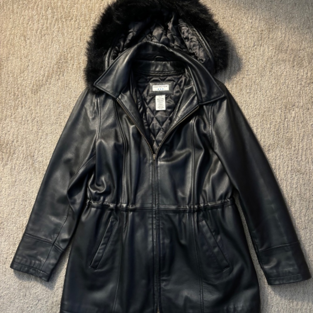 COVINGTON GENUINE Black LEATHER WOMENS JACKET COAT Large w/Hood